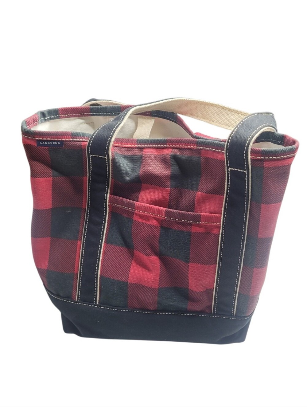 Lands' End Red and Black Buffalo Plaid Canvas Tote